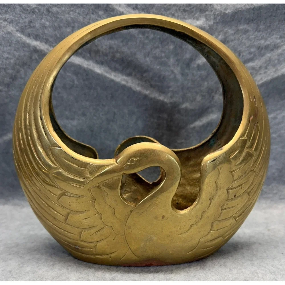 Vintage Solid Brass Swan Basket Decorative Catchall Bowl Hollywood Regency Gold